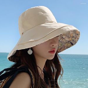 Beralar 2023 Bahar Yaz Baskı Tersinir Güneş Plaj Şapkası Kadın Kız Açık Seyahat Tatil Balıkçı Kapağı Geniş Kötü 12.5cm Visor