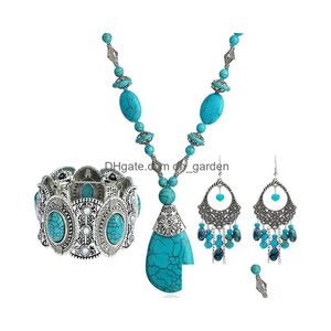 Orecchini Collana Set 4 Pezzi Gioielli Turchese Boemo Per Donna Ciondolo Occidentale Ciondola Bracciale Estensibile Dubai Drop Dhgarden Dhjso