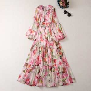 2023 Summer Pink Floral Print Panelled Dress Long Sleeve V-Neck Long Maxi Casual Dresses A3Q102216