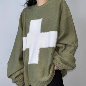 Men s tröjor Kapital 20Aw Long Sleeve Pullover Tröja Cross Pattern Hole Broken Crew Neck Knit Fall och Winter Tops 230808