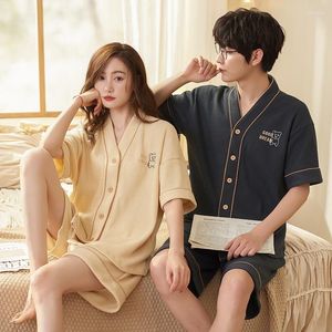 Mäns Sleepwear Japan Bomull Waffle Couples V Neck Kimono Pyjamas Set For Men and Women Summer Short Sleeve Loungewear Home Clothes