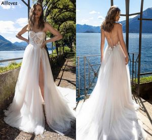 Sexy Sweetheart Boho Beach A Line Wedding Dresses Lace Romantic Bride Marriage Reception Gowns Illusion Backless Plus Size Thigh Split Tulle Bridal Dress CL2684