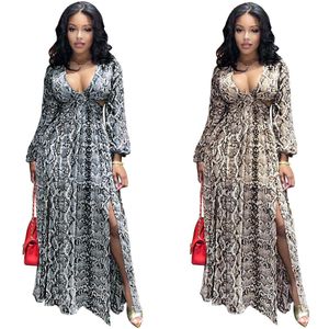 Autumn Womens Fashionable Sexy Hollowed Out Elegant Beach Dress Python Pattern Split Long