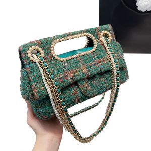 Designers Bolsas de ombro clássicas com aba de tweed Bolsas de alta qualidade Matelasse acolchoado Moda Cadeia de pérolas femininas Bolsa tiracolo feminina Bolsas com forro de couro Bolsas de grife de luxo