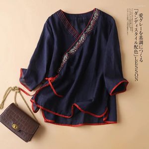 Kvinnors blusar bomullslinne skjorta stor storlek sommar mode litterär elegant rustik kinesisk stil fritid broderi v-hals