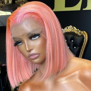 Pink Short Colored Bob Human Hair Wigs Brazilian 13X4 Straight Lace Front Wigs Transparent Lace Pre Plucked Glueless Wig