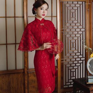 Abbigliamento etnico 2023 Cheongsam vintage rosso con scialle Abito tradizionale cinese floreale femminile Set da donna Qipao da M a 3XL