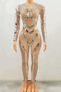 Vestimenta de palco com strass brilhantes lantejoulas prateadas macacão transparente para a noite aniversário fantasia para festa de dança Bodysuit Diaodingku