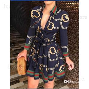 2023 Spring Casual Dresses Plus Size 3XL Women Lace Up Button Down Chain Printed Lapel Neck Party Dress Sexig Bandage kjol 211 T230808