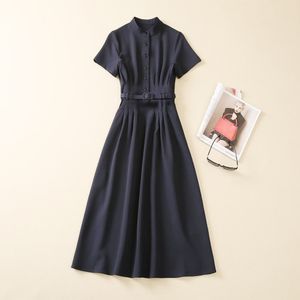 2023 Summer Dark Blue Solid Color midja Bälte klänning Kort ärmstativ Stativ Kullknappar MIDI Casual Dresses A3Q102216