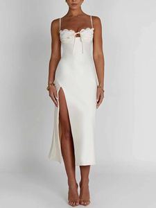 Casual Dresses Fashion Womens Bodycon Long Dress Spaghetti Strap Lace Trim Ruched Bust High Split Evening Wedding Guest S M L