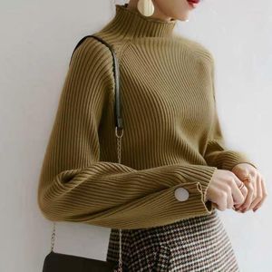 Женские свитеры Женщины мягкий эластичный сплошной кнопку пулшивки с полным рукавом в рукаве осень и зимний вязаный вязаный свитер.