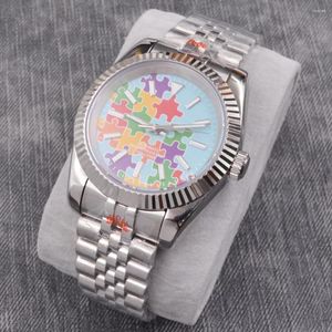 Wristwatches 39mm Casual Men's Automatic NH35 Movement Watch Blue Jigsaw Dial Stainless Steel Case Waterproof Luminous