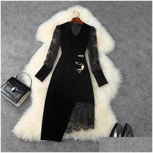 Basic Casual Dresses Elegant Lady Vestidos 2021 Fashion Runway Designers Long Sleeve Lacework Sexy Party Black Veet Dress Women Dr Dhecq