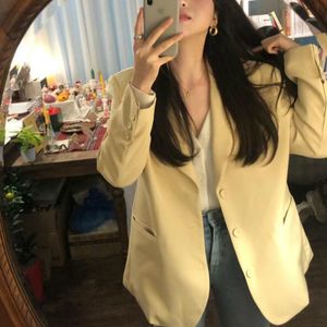 Frauen Anzüge Blazer Frühling Casual Lange Blazer Jacken Mantel Kerb Kragen Gelb Chaqueta Mujer Tasche Oberbekleidung Lose Plus Größe 230807