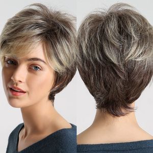 Synthetic Wigs HENRY MARGU Dark Root Ombre Brown Blonde Short Hair Fluffy Pixie Cut Wig for Black White Women Heat Resistant 230807