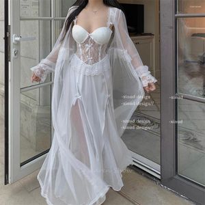 Damen Nachtwäsche Braut Hochzeit Bademantel Sexy Mesh Frauen Nachthemd Rüschen Robe Set Fee Prinzessin Stil Sommer Dessous