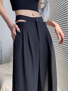 Calça feminina design coreano vazado terno preto para mulheres casual perna larga esfregão