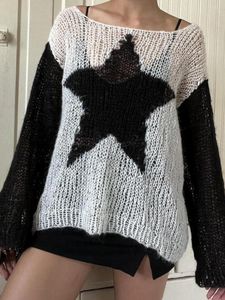 Kvinnors tröjor gotiska kvinnor lös fluffig tröja stjärna mönster söt mjuk långärmad pullover toppar stickkläder för höst varm y2k streetwear