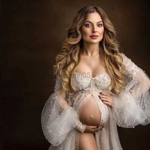 Maternity Dresses 2023 New pearl white Pregnant Photography Dresses Soft Mesh Beaded Elegant Maternity Dress Long Sleeve off shoulder Sexy Dress HKD230808