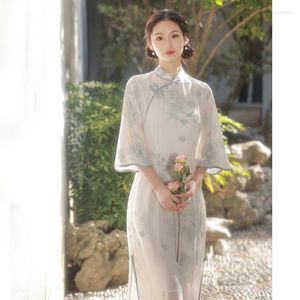 Этническая одежда в китайском стиле кружево Cheongsam Mid Long Vintage Elegant Women Women Summer Dress Love Eleve Beige Qipao