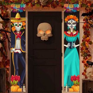 Mexican Day of The Dead Party Porch Sign Party Decoration Picado Papel Mexican Fiesta Sign Halloween Hanging Door Curtain Banner T230808