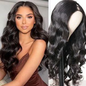 Syntetiska peruker U V Part Wig Human Hair Body Wave No Leave Out Glueless brasilian för kvinnor 230807