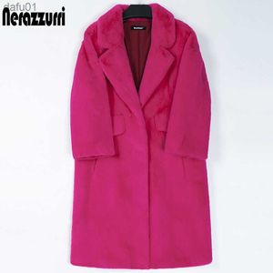 Nerazzurri Winter Long Hot Pink Faux Fur Coat Women Lapel Warm Thick Black Soft Fluffy Jacket Loose Stylish Korean Fashion 2022 L230520