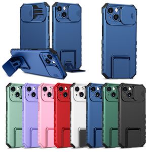 Custodie per cellulari con cavalletto per copriobiettivo scorrevole per Iphone 15 14 Plus 13 12 11 Pro Max XsMax Xr Xs X 7 8 Plus Custodia per telefono con staffa a prova di caduta per PC ibrido TPU