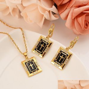 Earrings Necklace Set Black Cross Gold Color Catholic Religious Bridal Jewelry Christmas Birthday Gift For Women Drop Deliv Dhgarden Dhz9C