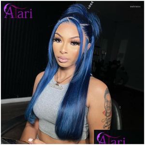 Lace Wigs Colored 13X6/13X4 Frontal Wig Dark Blue Straight Human Hair Transparent 5X5 Closure Brazilian For Black Women Drop Deliver Dhaeb