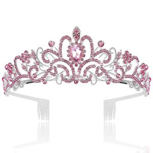 Düğün Saç Takıları Barok Pembe Su Damlası Kristal Düğün Taç Prenses Gelin Tiaras Kombin