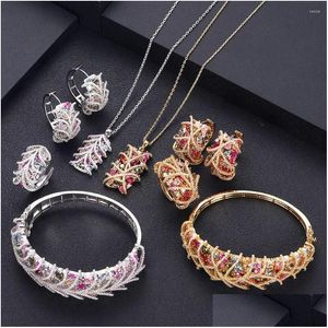 Brincos Conjunto de Colar de Luxo Zircônia Cúbica Pulseira e Anel 4 Pçs Dubai Fl Jóias Para Mulheres Vestido de Noiva Jantar Gota Deli Dhgarden Dhnfp