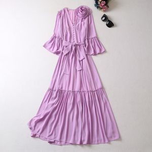 2023 Summer Purplesolid Color midja bälte klänning 3/4 ärm V-hals knappar Långa maxi casual klänningar A3Q102216