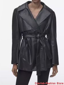 Женские куртки Женская мода с ремнем искусственное кожаное покрытие винтажные черные карманы с длинным рукавом