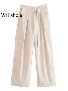 Kadınlar pantolon s willshela kadın moda bej dantel yukarı ön fermuarlı kargo vintage yüksek bel tam uzunlukta kadın şık bayan pantolon 230808