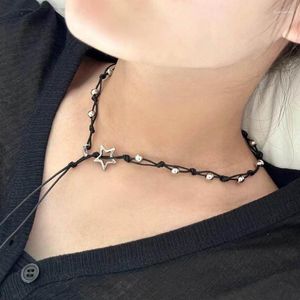 Ketten Silber Farbe Abstrakte fünfzackige Anhänger Halskette Wachs Seil Runde Perle Statement Schmuck Geschenk für Frauen