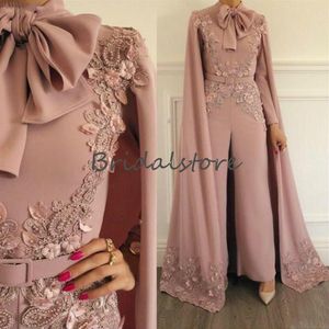 Blush Pink Dubai Abaya Evening Dresses High Neck Kaftan Muslim Prom Jumpsuit Dresses Evening Wear With Beaded Long Sleeve Formal C281T