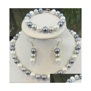 Orecchini Collana Set Gioielli Donna 8-12Mm Perlina Rotonda Grigio Colori Misti Reale Naturale Conchiglia Mare Del Sud Perla Ciondola Gancio Orecchio Dhgarden Dhb6H