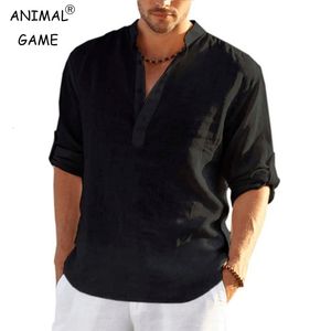 Men's Casual Shirts Mens Cotton Tshirts Casual Linen Shirt Loose Long Sleeve Shirts Spring Breathable V-neck Clothing Plus Size Tops 5XL 230807