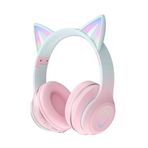 Fones de ouvido sem fio bluetooth headhands fones de ouvido para celular macio e bonito orelha de gato desenhos animados gradiente cor legal iluminação rgb