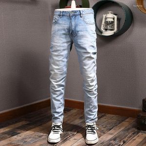 Men's Jeans Korean Style Fashion Men High Quality Retro Light Blue Elastic Slim Ripped Vintage Designer Denim Pants Hombre