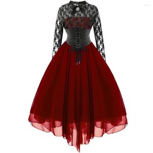 Lässige Kleider Viktorianisches Gothic-Kleid Punk Vintage Mittelalterliche Frauen Herbst Chiffon Spitze Langarm Korsett Party Steampunk Kleidung