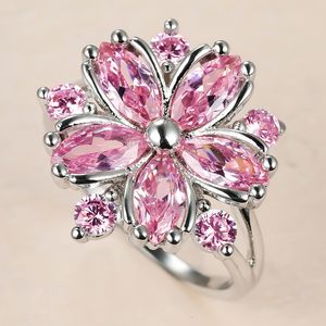 Eheringe, niedlicher weiblicher Ring mit rosa Kristallstein, Charme, gehobene, dünne Eheringe für Frauen, zierliche Braut, Blume, Zirkon-Verlobungsring 230808