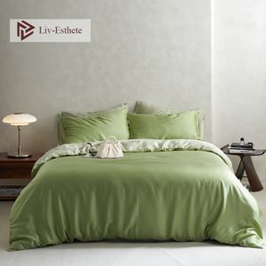 Bedding sets Liv Esthete Summer Nature 100 Silk Green Set Double Color Queen Kinig Duvet Cover Pillowcase Flat Sheet Bed 230808