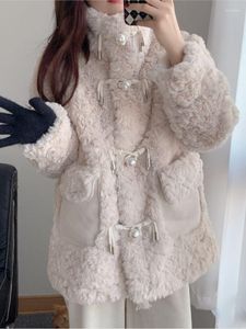 Pele feminina 2023 inverno casual grosso quente casacos sintéticos feminino elegante bolso macio cordeiro sólidoSobrecasaco fofo aconchegante solto Outerwear