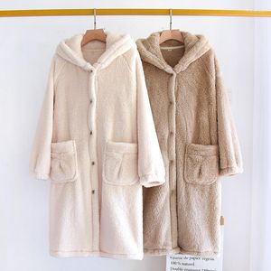 Women's Sleepwear Coral Fleece Hooded Robe Nightgown Autumn Winter Women Kimono Bathrobe Gown Thickened Warm Flannel Nightdress Homewear