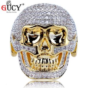 Bröllopsringar Gucy Hip Hop Skeleton Bling Ring Gold Color Bicolor Plated All Iced Out Micro Pave AAA CZ Stones Skeleton Head Ring for Men 230808