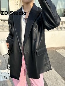 Kadınlar Suits Blazers ZD Studio Kadınlar Siyah Pu Deri Boyutu Sıradan Blazer Yakası Uzun Kollu Gevşek Ceket Bahar Sonbahar 2023 230807