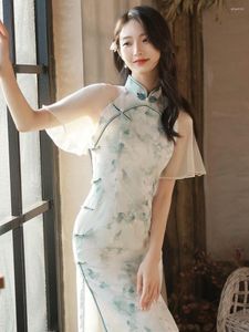 Этническая одежда летние зеленые цветочные женщины Cheongsam Fashion одежда прозрачная рукава традиционные длинные платья S до 2xl